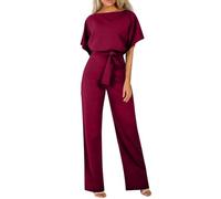 Vasreyy Festlicher Jumpsuit DamenPumphose Damen Elegant Für Hochzeit Rundhals Weites Bein Kurzarm Overall Mit Kordelzug Einfarbig Dolman-Ärmel Lang Hosenanzug Lässig Lose Playsuit（Wein,M