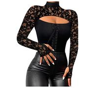 Vasreyy Funktionsshirt Damen Langarm Oberteil Silber Shirt Mit Spitze Damen Frauen Sexy Spitze Netz Tiefer V-Ausschnitt Langarmshirt Slim Schwarz Langarm Blusen Eng Basic Oberteil Bluse Langarm Damen
