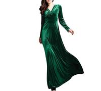 Vasreyy Glitzer Kleid Damen Rotes Kleid Damen Langes Kleid Einfarbig V-Ausschnitt Knöchel Samtkleid Hohe Taille Abendkleid Lang Elegant Velvet Maxikleid (Grün,XXL)