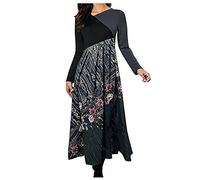 Vasreyy Glitzer Kleid Damen Silvester Kleider Langarm Elegant Drucken/Patchwork V-Ausschnitt Abendkleid Lang Herbst Winter Freizeitkleid Sexy Partykleid Navy XL