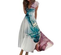 Vasreyy Glitzer RockTutu Damen Kurzes Sommerkleid Bunte Marmor Bedrucktes V-Ausschnitt Kurzarm Maxi Kleider Schicke Weiss（M,Dunkelgrün