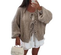 Vasreyy Grobstrickpullover Damen Y2K Grobstrick Mit Schnürung Vorne Und Schleife Einfarbig V-Ausschnitt Lange Puffärmel Weiche Warme Cardigan Winter(Khaki, M)