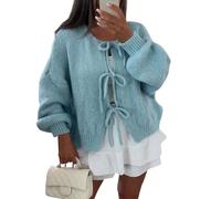 Vasreyy Grobstrickpullover Damen Y2K Grobstrick Mit Schnürung Vorne Und Schleife Einfarbig V-Ausschnitt Lange Puffärmel Weiche Warme Cardigan Winter(Blau, S)