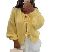 Vasreyy Grobstrickpullover Damen Y2K Grobstrick Mit Schnürung Vorne Und Schleife Einfarbig V-Ausschnitt Lange Puffärmel Weiche Warme Cardigan Winter