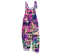 Vasreyy Hosenanzug Damen Festlich HochzeitJeans Overall Jumpsuit Sonnenblume Bunte Drucken Verstellbare Träger Lang Ärmellos Latzhose Lose Overalls Mit Große Taschen（Pink,XXL