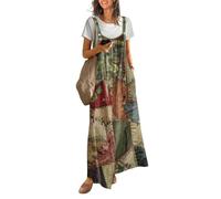 Vasreyy Jumpsuit Damen Elegant Festlich7Er Jahre Outfit Drucken Rundhals Ärmellos Lang Latzhose Mit Taschen Und Knöpfen Spaghetti Freizeit Weites Bein Overall Hosenanzug Playsuit Romper(Armeegrün,XL)