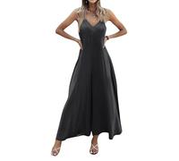Vasreyy Jumpsuit Damen Elegant FestlichFestlicher Einfarbig V-Ausschnitt Verstellbare Träger Ärmellos Lang Overall Spaghetti Latzhose Hohe Taille Weites Bein Schlitz（Schwarz,L
