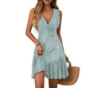 Vasreyy Jumpsuit Damen SommerBoho Strandkleid Freizeitkleid V-Ausschnitt Blumenmuster Rüschen Ärmellos Minikleid Sommer Boho Falten Saum Kurze Tank Kleid Lässig Locker Blumenkleid(Hellblau,XL)