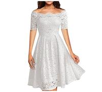 Vasreyy Kleid Damen Elegant Spitze Kurzarm Hohe Taille Kleider Swing A-Linie Spitzenkleid Knielang Midikleid Abendkleid Lang Schöne Ballkleid Vintage Cocktailkleid für Frauen Festlich