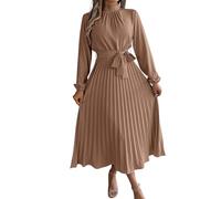 Vasreyy Kleid Langarm Damen Festliche Kleider für Einfarbig Stehkragen Herbst Lange Ärmel Plissee Mutter Tochter(Khaki, S)