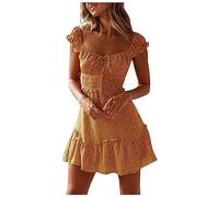 Vasreyy Kleid Sexy ElegantSommerkleid Damen Kurz Elegant Blumendruck Rüschen Kurzarm Strandkleid Mit Kordelzug Hohe Taille Gesmoktes Elastische Minikleid A-Linie Lässig Tunika Freizeitkleid（Gelb,XXL