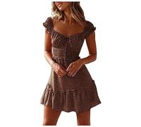 Vasreyy Kleid V AusschnittSommerkleid Damen Kurz Elegant Blumendruck Rüschen Kurzarm Strandkleid Mit Kordelzug Hohe Taille Gesmoktes Elastische Minikleid A-Linie Lässig Tunika Freizeitkleid（Braun,XL