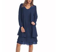 Vasreyy Kleider Damen festlich elegant Sommer Dresses for Women Zweiteiler Einfarbig Spitze Lange Ärmel Chiffon Kleid Midikleid Rundhalsausschnitt Knielang Blusenkleid Boho(Marine, XL)