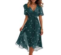 Vasreyy Kleider Damen FestlichKleid Elegant Luftige Sommerkleider Chiffon V-Ausschnitt Drucken Kurzarm Midikleid Mit Gürtel Hohe Taille A-Linien Sommerkleid Cocktailkleid（Dunkelgrün,XXL