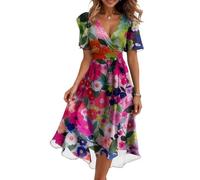 Vasreyy Kleider Damen FestlichKleid Mit Hose Drunter Plissee Elegant Chiffon V-Ausschnitt Drucken Kurzarm Midikleid Gürtel Hohe Taille A-Linien Sommerkleid Cocktailkleid（Knalliges Pink,M