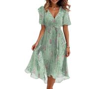 Vasreyy Kleider Damen FestlichMidikleid Elegant Abiballkleider Lang Chiffon V-Ausschnitt Drucken Kurzarm Mit Gürtel Hohe Taille A-Linien Sommerkleid Cocktailkleid（Mintgrün,XL