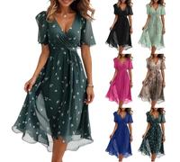 Vasreyy Kleider Damen SommerFreizeitkleid Midi Elegant Chiffon V-Ausschnitt Drucken Kurzarm Midikleid Mit Gürtel Hohe Taille A-Linien Sommerkleid Cocktailkleid Knielang（Dunkelgrün,XXL