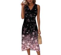 Vasreyy Kleider Sommer KurzMusselin Kleid Damen Sommer-Kleid Elegant Blumendruck V-Ausschnitt Ärmellos Midikleid Mit Knopf A-Linien Casual Tank Buisnesskleid（Lila,M