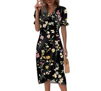 Vasreyy Kleider Sommerkleid Damen Sommer Chiffonkleid Kurz Elegant Blumendruck V-Ausschnitt Rüschen Halbarm Midikleid Mit Knopf Vintage Casual A-Linien Hemdkleid Tshirt Blumenkleid（Orange,M