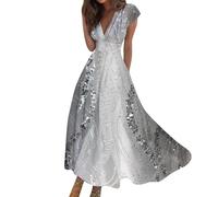 Vasreyy Lange SommerkleiderGothic Rock Kurzblazer Damen Festlich Bunte Marmor Bedrucktes V-Ausschnitt Kurzarm Maxi Kleider Blaues Kleid Bohemian（S,Hellgrau