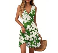 Vasreyy Leichte SommerkleiderBoho Kleid Strandkleid Freizeitkleid V-Ausschnitt Blumenmuster Rüschen Ärmellos Minikleid Sommer Boho Falten Saum Kurze Tank Lässig Locker Blumenkleid(Grün,M)
