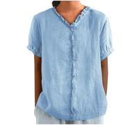 Vasreyy Leinen Kurzarmbluse DamenStrandhemd Damen Oberteile Sommer Einfarbig V-Ausschnitt Musselin Kurzarm Basic Tops Tshirt Elegant Plissee Freizeit Locker Blusen Leicht Blusenshirt（Hellblau,XL