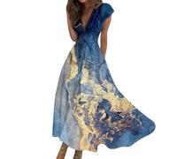Vasreyy Leinenkleider Aus ItalienSommerkleid Damen Boho Leicht Lang Bunte Marmor Bedrucktes V-Ausschnitt Kurzarm Maxi Kleider Batik Kleid Weisses Sommer（S,Blau