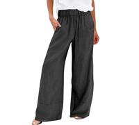 Vasreyy Luftige Sommerhose Damen, Weites Bein Hose Sporthose Lang Elegant Blumendruck Lang Sommerhose Mit Taschen Und Tunnelzug Sommer Vintage Stretch Hohe Taille Weites Bein Stoffhose (Schwarz,L)