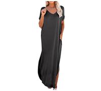 Vasreyy Maxi Kleid Damen Sommer Hochzeitsgast Elegant Einfarbig V-Ausschnitt Kurzarm Maxikleid Mit Taschen Und Schlitz Boho Freizeit Locker Strandkleid（Dunkelgrau,5XL