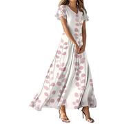 Vasreyy Maxi KleidPetticoat Kleid Damen Sommer Elegant 4.Juli Stern Streifen Muster V-Ausschnitt Rüschen Kurzarm Maxikleid Boho A-Linien Hohe Taille Strandkleid Leicht Und（Blau,XS