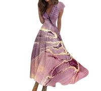 Vasreyy Mode Für Frauen Ab 6Rockabilly Kleid Sommerkleid Damen Elegant Bunte Marmor Bedrucktes V-Ausschnitt Kurzarm Maxi Kleider Weißes Sommer Sommerkleider Große Größen（XL,Weinrot
