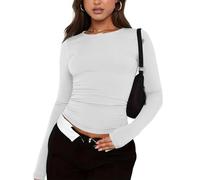 Vasreyy Oberteil Damen elegant sexy Langarmshirt Chiffon Bluse Glitzer Wollpullover Top Weiß Pailletten Satin(XS, White)