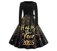Vasreyy Pullover Damen Winter Weihnachtskleider Happy New Year 225 Weihnachtskleid Weihnachtlich Bedruckt Cocktailkleid Karneval Und Bow Belt Partykleid Kleid Silvester(Gold, XL)