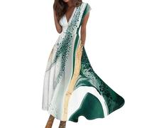 Vasreyy Rockabilly KleidLieblingsstück Damen Kleid Elegant Festlich Bunte Marmor Bedrucktes V-Ausschnitt Kurzarm Maxi Kleider Lang Sommer Elegantes Sommerkleid（XL,Dunkelgrün