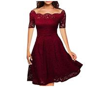 Vasreyy Samtkleid Damen Kleid Langarm Damen Damen Pullover Herbst Spitze Kurzarm Hohe Taille Kleider Swing A-Linie Spitzenkleid Knielang Midikleid Abendkleid Lang Schöne Ballkleid Kleidung (Wein,S)