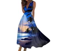 Vasreyy Sexy Kleid Damen ErotischSommerkleidung Summer Dress Bunte Aloha Gedruckt V-Ausschnitt Ärmellos Maxi Kleider Festlich Elegant Lang Glitzer（L,Blue