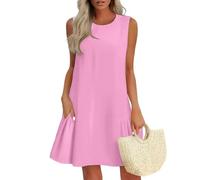 Vasreyy Sommer Kleider Für DamenBoho-Kleid Kleid Elegant Rüschen Einfarbig Ärmellos Rundhals Cut-Outs Knopfleiste Hinten Kurz Minikleid Mit Taschen Glitzer(Rosa,M)