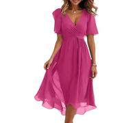 Vasreyy Sommer Kleider Für DamenFestliches Kleid Damen Sommerkleid Hochzeitsgast Elegant Chiffon V-Ausschnitt Drucken Kurzarm Midikleid Mit Gürtel Hohe Taille Cocktailkleid（Knalliges Pink,M