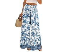 Vasreyy Sommerhose Damen Leicht Und Luftig, Weite Hosen Sommer Trainingshose Elegant Blumendruck Lang Mit Taschen Tunnelzug Vintage Stretch Hohe Taille Weites (Blau,M)