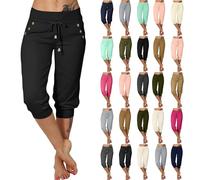Vasreyy Sommerhosen Damen Leicht Und Luftig Jogpants Elegant Einfarbig 3/4 Caprihose Mit Taschen Kordelzug Elastische Hohe Taille Sommerhose Jogginghose（Schwarz,M