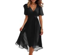 Vasreyy Sommerkleid Damen Große Größen Kleid V Ausschnitt Elegant Chiffon V-Ausschnitt Drucken Kurzarm Midikleid Mit Gürtel Hohe Taille A-Linien（Schwarz,M