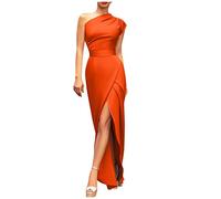 Vasreyy Sommerkleid Damen Kleid Schwarz Kleid Weiss Damen One Schulter Seitenschlitz Einfarbig Kleid Hohe Taille Maxikleid Bodycon Abendkleid Lang Tunika Ballkleid Rollkragen Damen (Orange,XXL)
