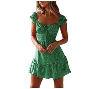 Vasreyy Sommerkleid Damen Kurz Elegant Blumendruck Rüschen Kurzarm Strandkleid mit Kordelzug Hohe Taille Gesmoktes Elastische Minikleid A-Linie Lässig Swing Tunika Freizeitkleid Trägerkleid