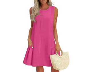 Vasreyy Sommerkleid Damen KurzStrandkleider Sexy Kleid Elegant Rüschen Einfarbig Ärmellos Rundhals Cut-Outs Knopfleiste Hinten Kurz Minikleid Mit Taschen Festlich(Knalliges Pink,S)