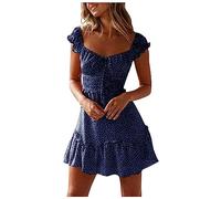 Vasreyy Sommerkleider Damen MidiSommerkleid Kurz Elegant Blumendruck Rüschen Kurzarm Strandkleid Mit Kordelzug Hohe Taille Gesmoktes Elastische Minikleid A-Linie Tunika Freizeitkleid（Dunkelblau,XL