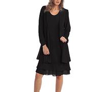 Vasreyy Sommerkleider Damen Neckholder Kleid Business Zweiteiler Einfarbig Spitze Lange Ärmel Chiffon Midikleid Rundhalsausschnitt Knielang Blusenkleid frühling(Schwarz, 3XL)