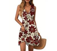 Vasreyy Sommerkleider DamenMini Kleider Damen Strandkleid Freizeitkleid V-Ausschnitt Blumenmuster Rüschen Ärmellos Minikleid Sommer Boho Falten Saum Kurze Tank Kleid Lässig Locker Blumenkleid(Wein,S)