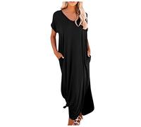 Vasreyy Sommerkleider Lang Damen Kleid Festlich Elegant Einfarbig V-Ausschnitt Kurzarm Maxikleid Mit Taschen Und Schlitz Boho Freizeit Locker Strandkleid（Schwarz,M