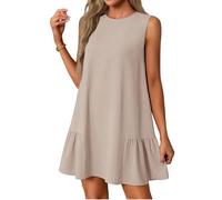 Vasreyy Sommerkleidung DamenMidikleid Damen Sexy Kleid Elegant Rüschen Einfarbig Ärmellos Rundhals Cut-Outs Knopfleiste Hinten Kurz Minikleid Mit Taschen Kleider Kurzarm(Beige,M)