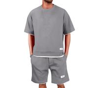 Vasreyy Strand Outfit Herren, Festival Herren Waffle Jogginganzug Trainingsanzug 2 Teiler Outfit Zweiteiler Fitness Kleidung Kurz Freizeitanzug Shorts Und Tshirt Set Sportanzug Sommeranzug (Gray,L)